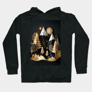 Gold and Black Wonderland - Whimsical Winter Holiday Mountainscape Forest Scene Hoodie